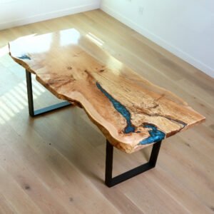 Single Slab Maple Live Edge Table with Emerald Green/Blue Resin 7FT