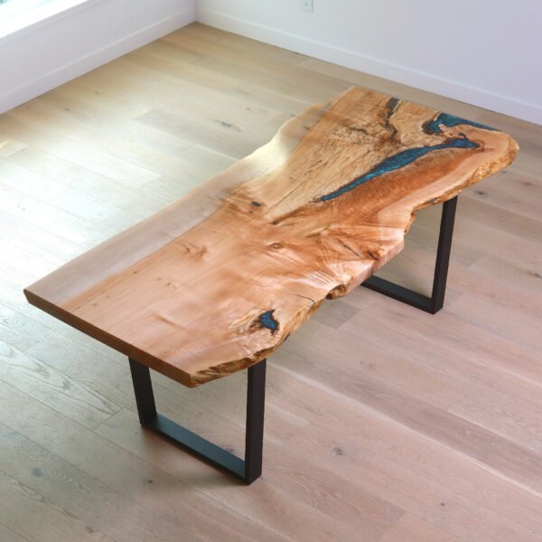 Single Slab Maple Live Edge Table with Emerald Green/Blue Resin 7FT - Image 4