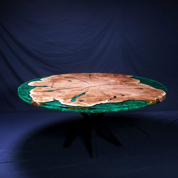 Giant Single Slab Maple Round River Table with Teal Epoxy - Image 4